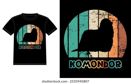 Divertido Komondor Retro Antiguas Sunset Plantilla de diseño de camiseta, Komondor Tablero, etiqueta engomada de la ventana del coche, POD, cubierta, fondo blanco aislado, regalo de la silueta para el amante de Komondor