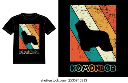 Divertido Komondor Retro Antiguas Sunset Plantilla de diseño de camiseta, Komondor Tablero, etiqueta engomada de la ventana del coche, POD, cubierta, fondo blanco aislado, regalo de la silueta para el amante de Komondor