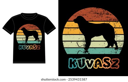 Divertido Kuvasz Retro Antiguas Sunset T-shirt Plantilla de diseño, Kuvasz Tablero, etiqueta engomada de la ventana del coche, POD, cubierta, fondo blanco aislado, regalo de la silueta para Kuvasz Lover