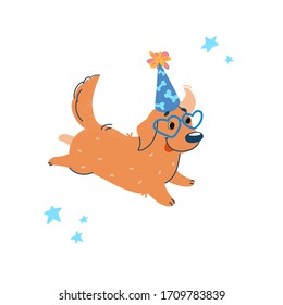 Funny labrador is running. Cute puppy in a festive cap and glasses in the form of hearts. Retriever in cartoon style. Vector illustration about doggy at a party isolated on white