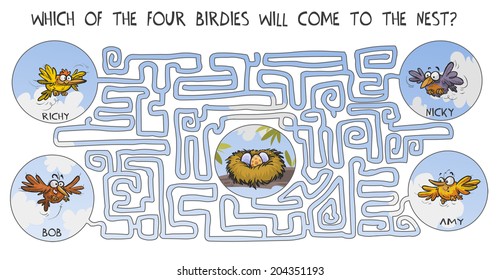 Funny labyrinth with birds. Cartoon puzzle.