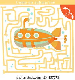 Funny labyrinth. Come on submarine get out of the maze. Submarine. Watercraft illustration. Concept quiz. Vector illustration. Isolated background