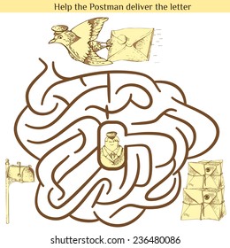 Funny labyrinth. Cute Vector Illustration of Education Maze or Labyrinth Game for Preschool Children. Help the Postman deliver the letter and get out of the Maze. Eps 8