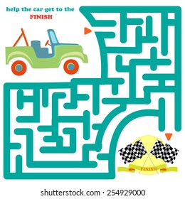 Funny labyrinth. Help the car get to the finish and get out of the maze. Funny cartoon character. Vector Rebus. Isolated on white background