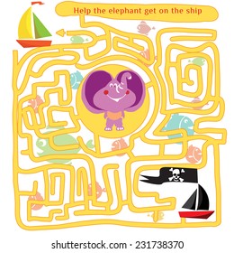 Funny labyrinth. Help the elephant get out of the maze. Game save animal from the pirates. Illustration with tangled lines. Funny cartoon character. Vector illustration. Isolated on white background