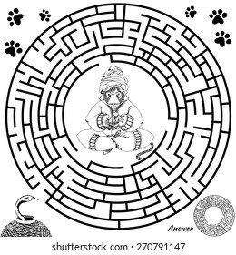 Funny labyrinth. Help the leopard find the snake. Monochrome maze game. Vector cartoon leopard illustration. Isolated on white background. Answer included. Eps 8