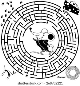 Funny labyrinth. Help the mouse find the cheese. Vector cartoon mouse illustration. Rebus in black color on Isolated background. Answer included. Eps 8