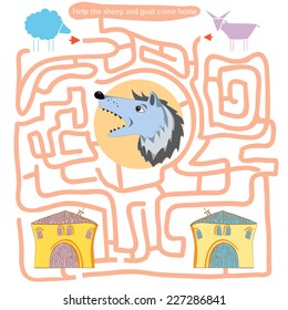 Funny labyrinth. Help the sheep and goat come home. Game save animals from the wolf. Illustration with tangled lines. Funny cartoon character. Vector illustration. Isolated on white background