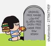 A Funny Lady Enjoy Eating Snacks In Front Of The Tomb Or Cemetery Of One Who Died From Eating Healthy Food Concept Card Character illustration