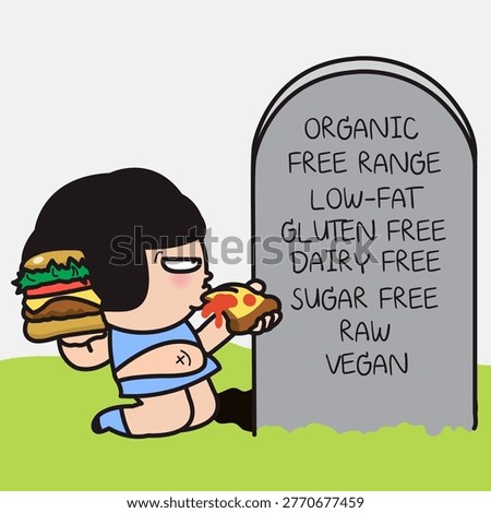 A Funny Lady Enjoy Eating Snacks In Front Of The Tomb Or Cemetery Of One Who Died From Eating Healthy Food Concept Card Character illustration Foto stock © 