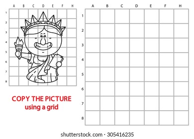 funny lady Libertyeducational grid game. Vector illustration of grid copy educational  puzzle game with  happy cartoon lady Liberty for children