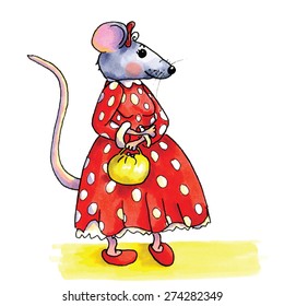 funny Lady mouse with red dotted dress isolated over white background