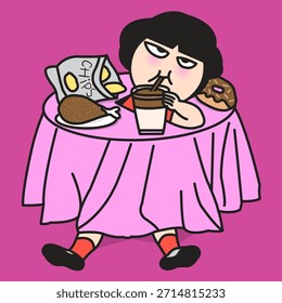 Lustige Dame Aufenthalt in einem Festtisch Konzept Cartoon Charakter Illustration