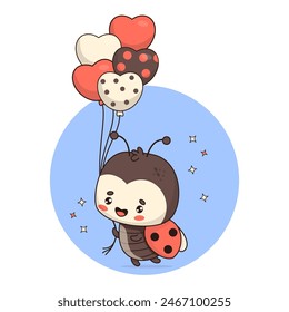 Funny Ladybug with balloons. Cute cartoon insect kawaii character. Vector illustration. Kids collection