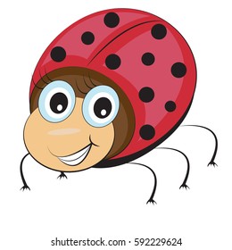 Funny ladybug in cartoon style eyes with cilia smiling on white background. Vector illustration