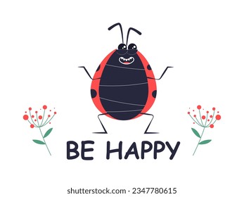Funny ladybug on an isolated white background. All children's drawing of a ladybug. Vector illustration in cartoon style.