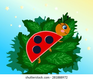 Funny ladybug sits on a tree branch with green leaves. Children's illustration in a vector. 