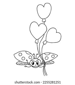 Funny ladybug. Small insect with balloons. Vector illustration. Outline drawing. doodle ladybird character for childrens collection, coloring, design, decor, postcard, printing