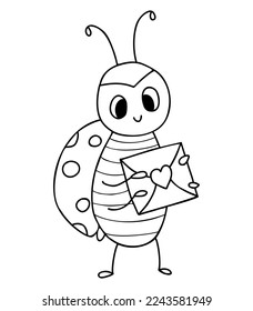 Funny ladybug. small insect with love letter. Vector illustration. Outline drawing. doodle ladybird character