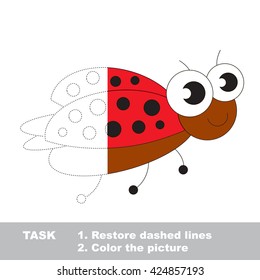 Funny ladybug in vector colorful to be traced. Restore dashed line and color the picture. Visual game for children. Worksheet to be colored.