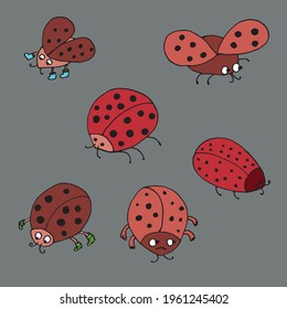 funny ladybugs. Vector illustration. Isolated. Coloring pages for adults and children. Cartoon. Hand-drawn doodle style. Can be used in your projects in banners and posters.