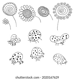 funny ladybugs. Vector illustration. Isolated. Coloring pages for adults and children. Cartoon. Hand-drawn doodle style. Can be used in your projects in banners and posters.