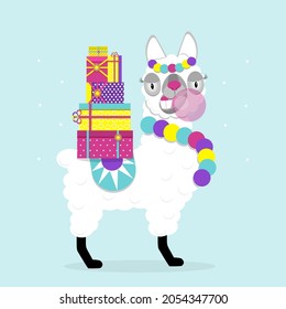 Funny lama alpaca with New Year's gifts and gum on blue background. Flat image of cute and funny animal.