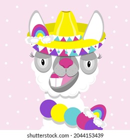 Funny lama alpaca portrait on pink background. Flat image of cute and funny animal.