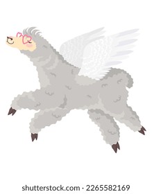 Funny lama with angel wings wearing cute heart glasses flat vector icon. Cartoon llama alpaca animal isolated on white background