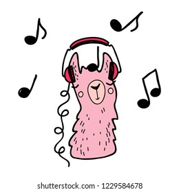 Funny lama in the headphones. Vector illustration.