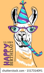 Funny lama party with glasses and a cap, animal making a silly face and blowing a noisemaker. Llama Happy birthday lettering quote. Card, t-shirt composition, hand drawn style print. Vector 