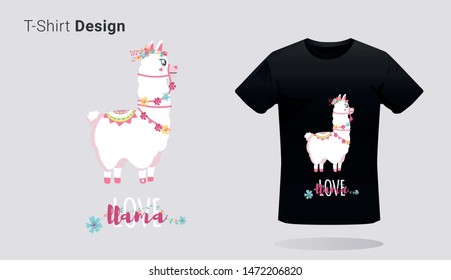 Funny lama with phrase llama love for valetine day. Print on T-shirts, sweatshirts, cases for mobile phones, souvenirs. Vector illustration