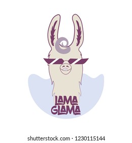 Funny lama in sunglasses with curly hair. Llama with crooked teeth vector. Lama head for your design.