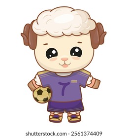 Funny lamb in a football player uniform stands and holds a football. Vector illustration for poster, greeting card and design for kids.