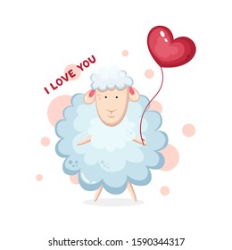 Funny lamb with a heart and the inscription "I love you" on a white background. Valentine's day card.