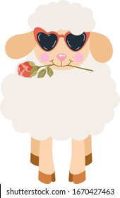 Funny lamb holding a rose with mouth
