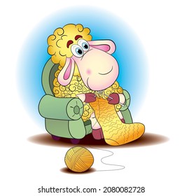 Funny lamb knits a sock made of wool 