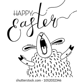 Funny lamb screams congratulations. Greeting card with Happy Easter writing. Vector illustration.