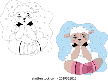 Funny lamb in striped knitted hoops. illustration for coloring book design. Coloring page and colorful clipart character. Vector colorful and outline animal on white background.   