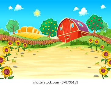 Funny landscape with the farm and sunflowers. Cartoon vector illustration