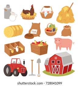 Funny landscape farm tools, cartoon farming house symbols, village animal agriculture vector illustration.