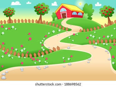 Funny Landscape With Farm. Vector Cartoon Illustration