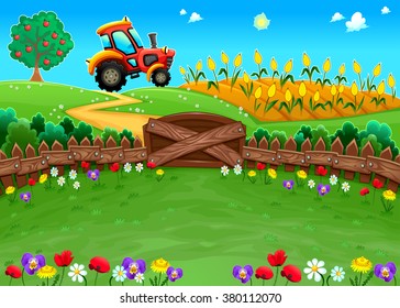 Funny landscape with tractor and cornfield. Cartoon vector illustration
