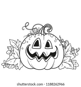 Funny lantern from pumpkin with the cut out of grin and leaves outlined for coloring page