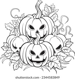 Funny lantern from pumpkin with the cut out of grin and leaves outline for coloring page, Coloring book.