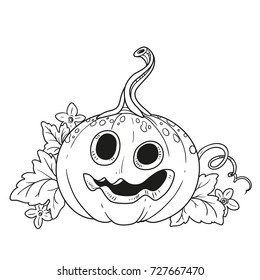 Funny lantern from pumpkin with the cut out of a grin and leaves outlined for coloring page