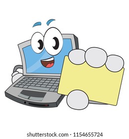 Funny laptop character mascot showing up a blank business card paper to write your own message logo contact info business address or anything else