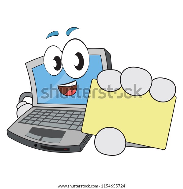 Funny laptop character mascot showing up a\
blank business card paper to write your own message logo contact\
info business address or anything\
else