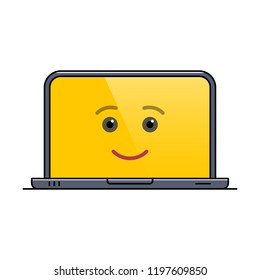 Funny laptop computer isolated emoticon icon. Cheerful digital device emoji symbol. Social communication and chatting. Joyful monitor showing facial emotion. Animated notebook vector illustration