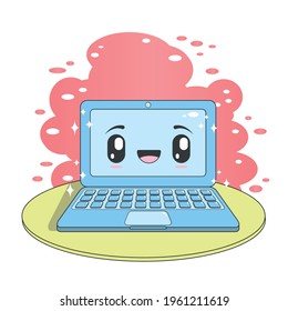 divertida laptop con fondo rojo, personaje kawaii. Ilustración del vector